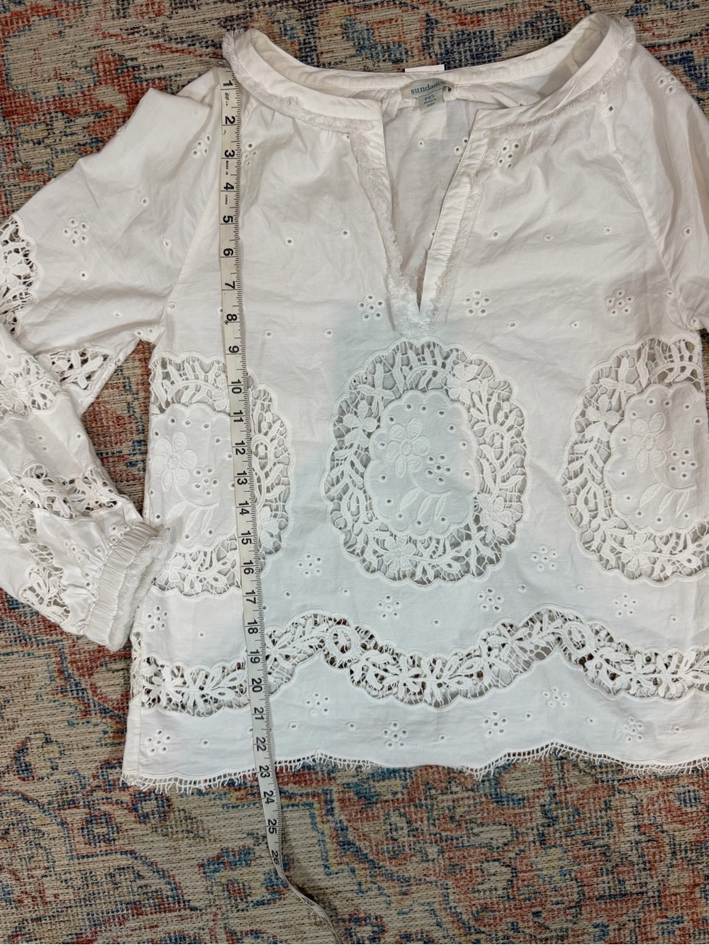 Sundance Petite XS White Cotton Eyelet Lace Blouse Boho Peasant Romantic Top - Picture 8 of 12